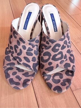 Stuart Weitzman Leopard Print Suede Mules - Tan and Black